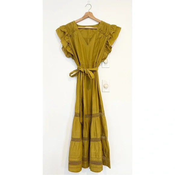Marie Oliver || Juliet Silk-Blend Belted Ruffle Midi Dress in Green Large - Picture 2 of 10